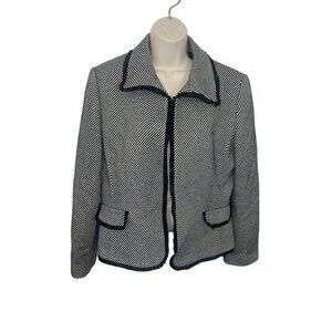 TAHARI ARTHUR S LEVINE Womens Size 14 Open Ruffled Blazer Black White Wool Blend